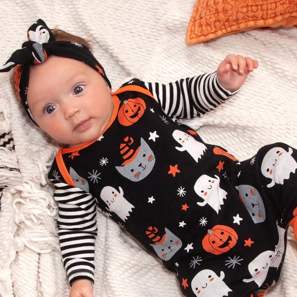 Tenue d'Halloween pour bébé - Mon premier Halloween - Imprimé citrouilles avec bandeau ou chapeau en option - Fille, garçon, unisexe - Coton