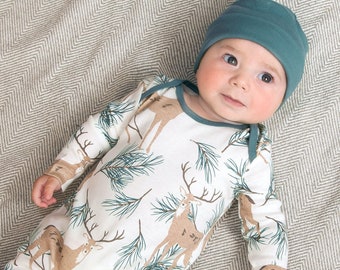 Baby Deer Pine Romper in Bamboo Blend Fabric - Boys Girls Christmas Outfit - Earthy Cabin Mountain Holiday