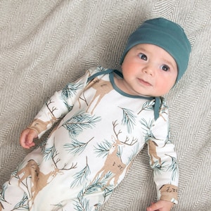 Baby Deer Pine Romper in Bamboo Blend Fabric - Boys Girls Christmas Outfit - Earthy Cabin Mountain Holiday