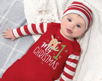 My First Christmas Baby Romper - Red Stripes 100% Cotton with Reindeer - Newborn Girl Boy - TesaBabe