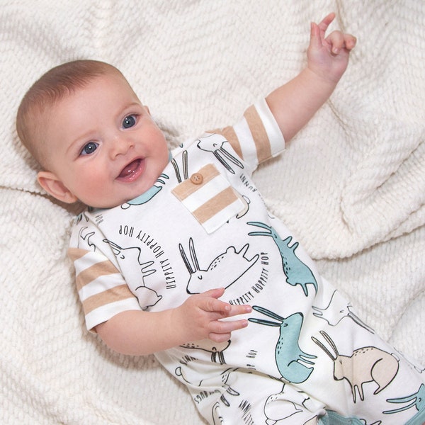 Baby Boy Easter Outfit, Organic Cotton Bunny Baby Shortie Romper in Blue & Tan