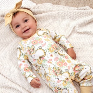 Baby Girl Easter Outfit, Yellow Bunnies Romper