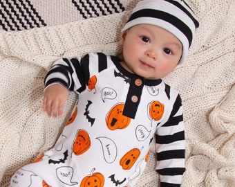 Baby Halloween Outfit - Pumpkin Print - Romper with Optional Hat - Cotton