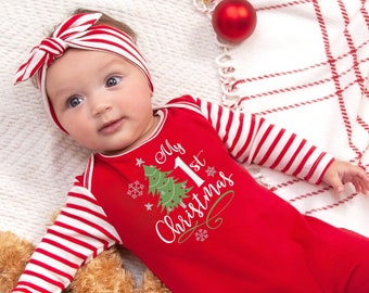 My First Christmas Baby Romper - Red Stripes 100% Cotton - Newborn Girl Boy - TesaBabe