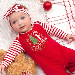 My First Christmas Baby Romper - Red Stripes 100% Cotton - Newborn Girl Boy - TesaBabe