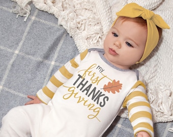 Baby Girl Thanksgiving Romper - My 1st Thanksgiving Outfit - Bamboo Cotton One Piece - My First Turkey Day