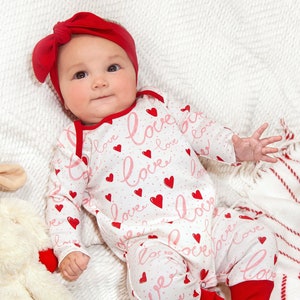 Baby Girl Valentines Outfit, Red and Pink Hearts Romper, 100% Cotton