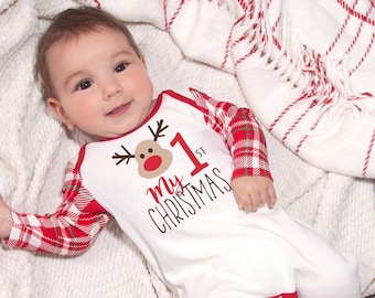 My First Christmas Baby Romper with Plaid Sleeves in 100% Cotton - Newborn Boy or Girl - TesaBabe