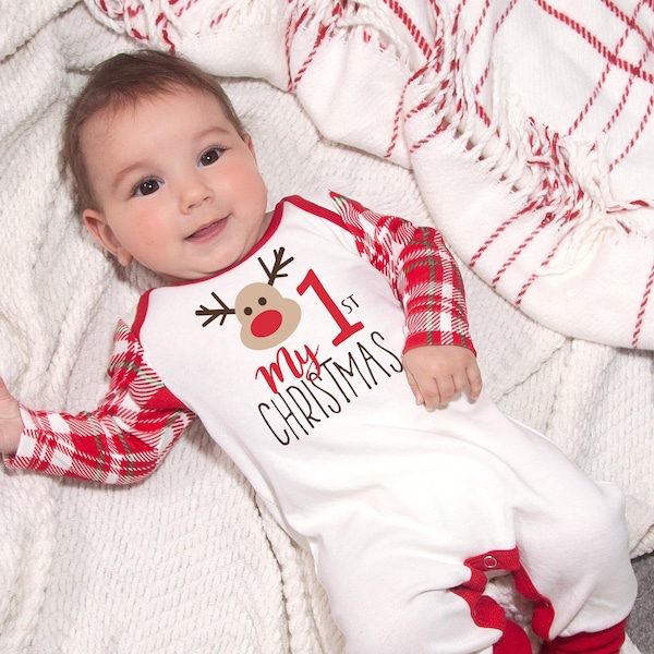 My First Christmas Baby Romper with Plaid Sleeves in 100% Cotton - Newborn Boy or Girl - TesaBabe