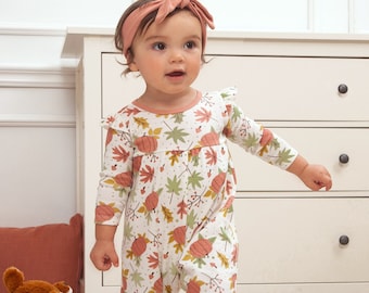 Baby Girl Thanksgiving Romper - Bamboo Cotton Blend - Optional Headband - Fall Harvest - Pumpkins