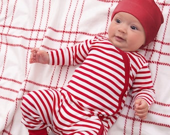 Newborn Christmas Baby Zipper Romper, Baby Boy Girl 1st Christmas Outfit, Zipper Closure with Red Stripes in 100% Cotton