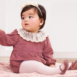 Baby Girl Velvet Romper – Mauve Long Sleeve Outfit with Lace Collar, Vintage Infant Bodysuit, Special Occasion Clothing