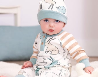 Newborn Boy Easter Outfit, Organic Cotton Bunny Baby Henley Romper in Blue & Tan