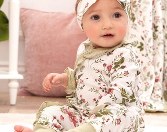 Floral Newborn Romper: Bamboo Cotton Blend Baby Clothes, Headband