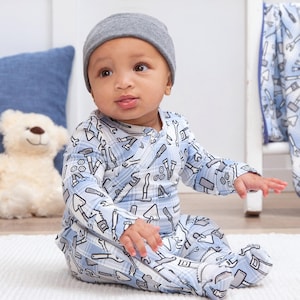 Baby Boy Blue Plaid Romper: Bamboo Cotton Tool Print Footed Sleeper
