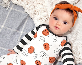 Baby Halloween Outfit -  My 1st Halloween - Pumpkin Boo Print with Optional Headband or Hat - Girl, Boy, Unisex - Cotton