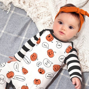 Baby Halloween Outfit -  My 1st Halloween - Pumpkin Boo Print with Optional Headband or Hat - Girl, Boy, Unisex - Cotton