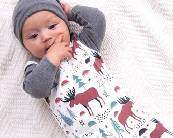 Baby Boy Romper - Ultra Soft Bamboo Cotton Blend Romper Playsuit - Moose Christmas Print - Family Matching - Daddy & Me