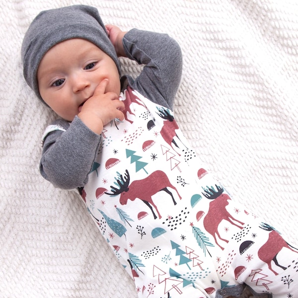 Baby Boy Romper - Ultra Soft Bamboo Cotton Blend Romper Playsuit - Moose Christmas Print - Family Matching - Daddy & Me - FM