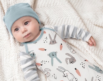 Paasoutfit voor babyjongen, Bunny Baby Romper in blauw en grijs