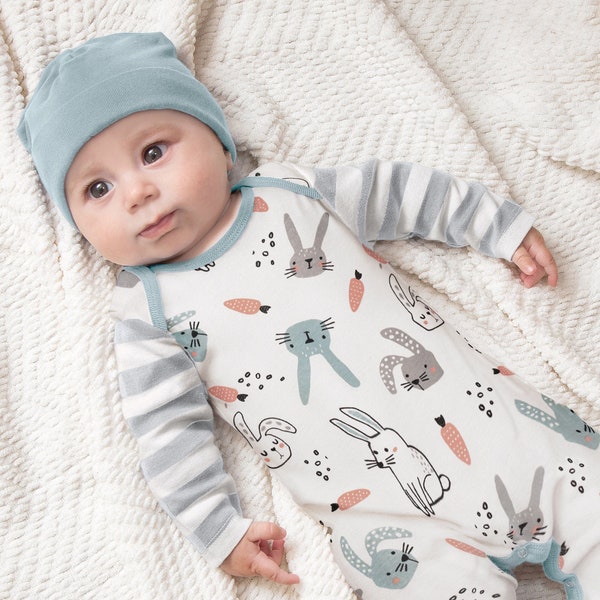 Baby Boy Oster Outfit, Hase Baby Strampler in Blau & Grau