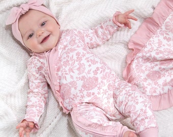 Newborn Girl Coming Home Outfit: Pink Floral Cotton Zipper Romper