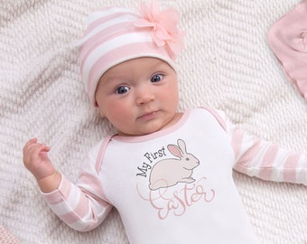 My 1st Easter Outfit for Newborn Girl - Cotton Romper with Optional Flower Hat - Pink Stripes Bunny - Tesa Babe