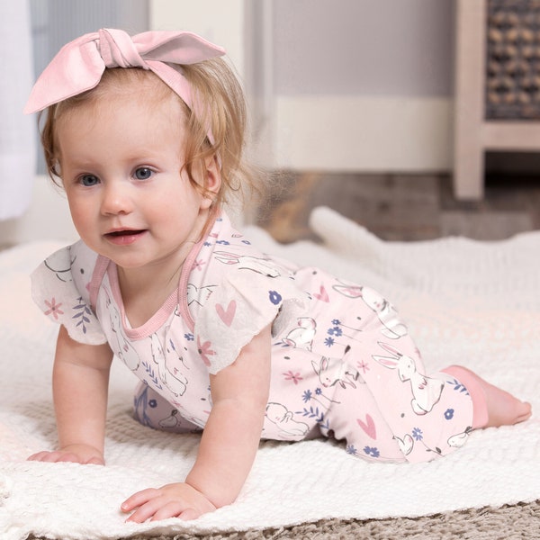 Baby Girl Easter Outfit, Pink Bunnies Flutter Sleeve Cotton Romper