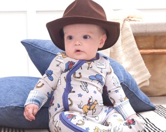 Baby Boy Zippered Bamboo Romper with Cowboy Western Print and Blue Plaid Cuffs