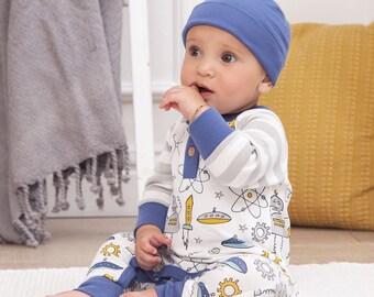Baby Boy Henley Romper with Space Galaxy print, made from ultra-soft bamboo cotton for maximum comfort.