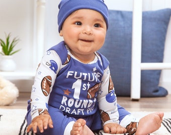 Baby Boy 1st Football Season Romper - Future 1st Round Draft Pick" - Cotton and Bamboo Outfit