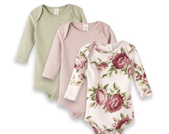 Baby Girl Floral Bodysuit Set - 3 Pieces - Cotton One Piece - Coming Home Outfit - Tesa Babe