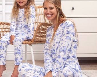 Eco-Friendly Floral Sleepwear: Women's Pajama Set with Toile de Jouy Detail Soft Bamboo Cotton Floral Print Perfect Mommy & Me Gift