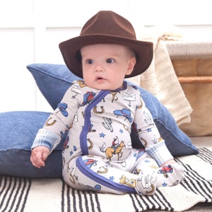 Baby Boy Zippered Bamboo Romper with Cowboy Western Print and Blue Plaid Cuffs