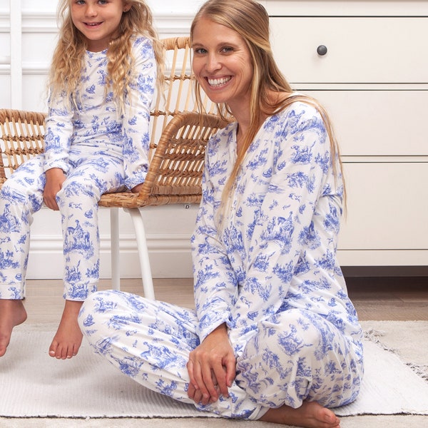 Vêtements de nuit floraux respectueux de l'environnement : ensemble de pyjama pour femme avec détails en toile de Jouy, imprimé floral, coton, bambou, parfait cadeau maman et moi
