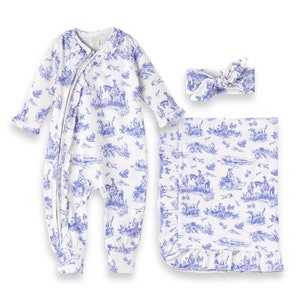 Baby Girl Coming Home Gift Set - Toile de Jouy - Bamboo Zipper Romper, Blanket & Headband - BabyGirl Clothes - TesaBabe