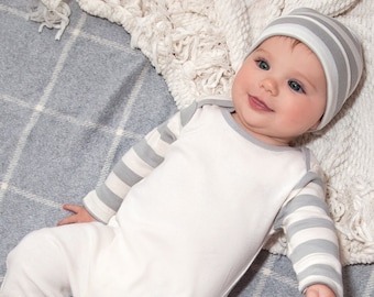 Newborn Coming Home Outfit - Grey Stripes - Cotton Romper and Optional Hat, Blanket - Baby Clothes