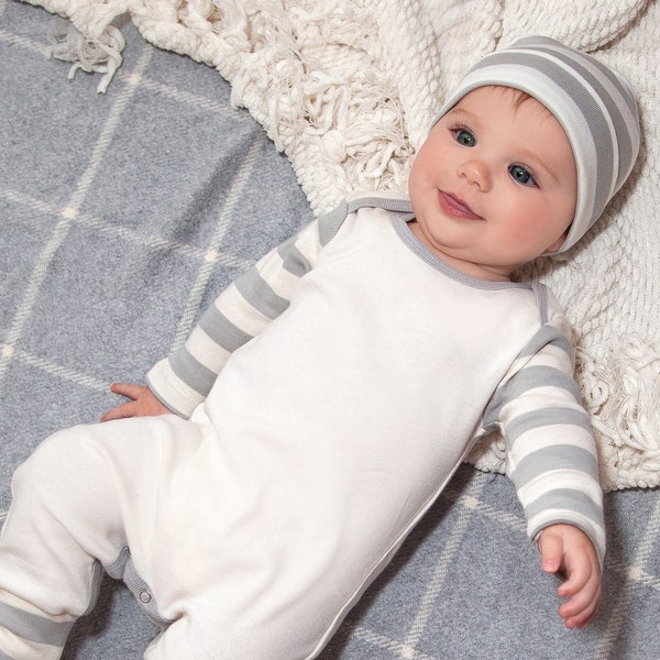 Newborn Coming Home Outfit - Grey Stripes - Cotton Romper and Optional Hat, Blanket - Baby Clothes