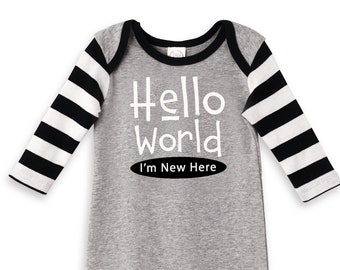 Barboteuse pour bébé avec graphique Hello World en coton gris chiné et manches à rayures noires