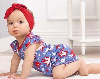 Baby Girl 4th of July Outfit - Star Spangled Bubble Romper & Optional Headband - Bamboo Cotton Ultra Soft - Family Matching -  Tesa Babe