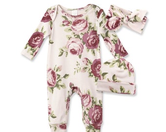 Baby Girl Cabbage Rose Gift Set - 3 Pc Romper, Hat & Headband - 100% Cotton - Coming Home Outfit - GS