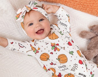 Baby Girl Thanksgiving Romper - 100% Cotton One-Piece - My 1st Thanksgiving - Happy Harvest - Halloween