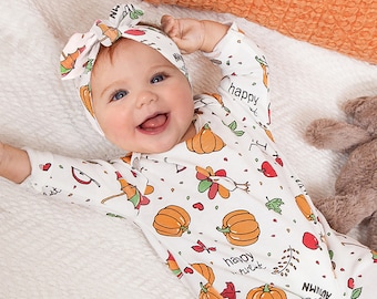 Baby Thanksgiving Romper | Fall Pumpkin Turkey Print Bodysuit | Infant Autumn Outfit | Cute Harvest Baby Girl Boy Clothes