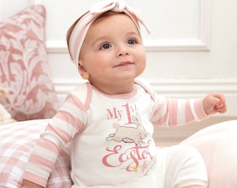 Baby Girl Easter Outfit - Cotton Romper with Pink Stripes - Romper with Optional Headband - Tesa Babe