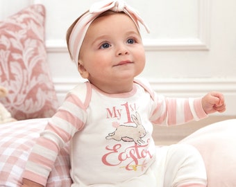 Baby Girl Easter Outfit - Cotton Romper with Pink Stripes - Romper with Optional Headband - Tesa Babe