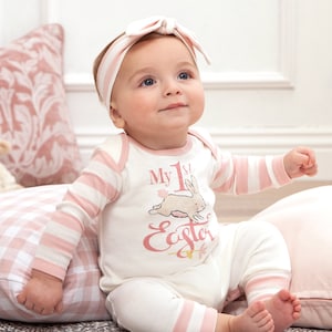 Baby Girl Easter Outfit Cotton Romper with Pink Stripes Romper with Optional Headband Tesa Babe image 1