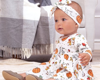 Thanksgiving Baby Girl Dress - Pumpkin Harvest Outfit - Eerste Thanksgiving - Pompoen Patch