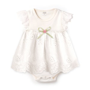 Baby Girl Eyelet Lace Skirted Bodysuit, Off White Cotton Lace Outfit