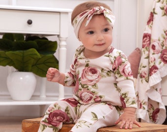 Baby Girl Romper - Cabbage Rose Mauve & Beige - Cotton Rib - Coming Home Outfit - Tesababe