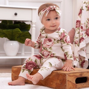 Baby Girl Romper - Cabbage Rose Mauve & Beige - Cotton Rib - Coming Home Outfit - Tesababe